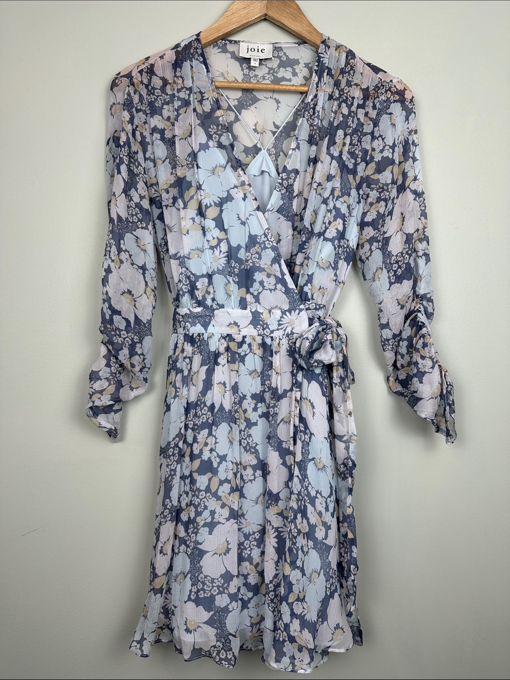 Joie Floral Silk Wrap Dress in Blue and Cream feminine long sleeve dainty fairy